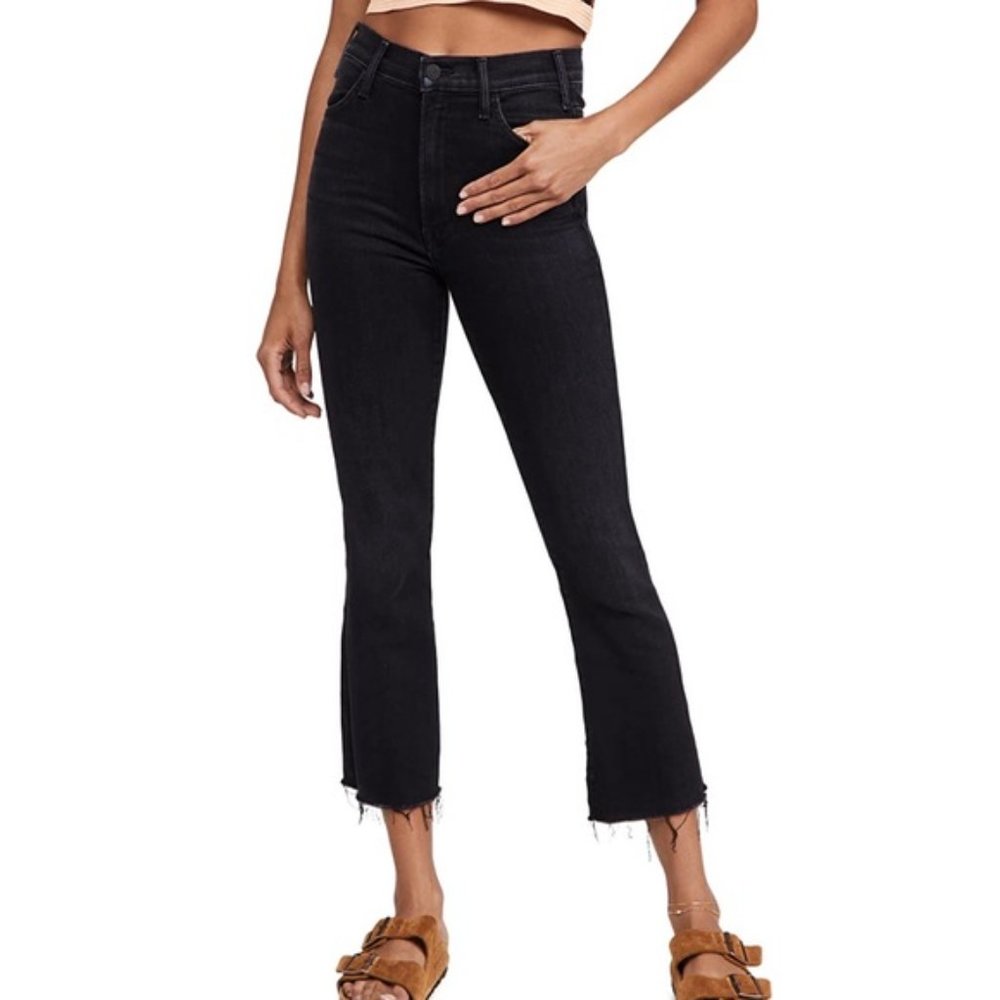 Mother Hustler Ankle Fray Black High Rise Cropped Jeans